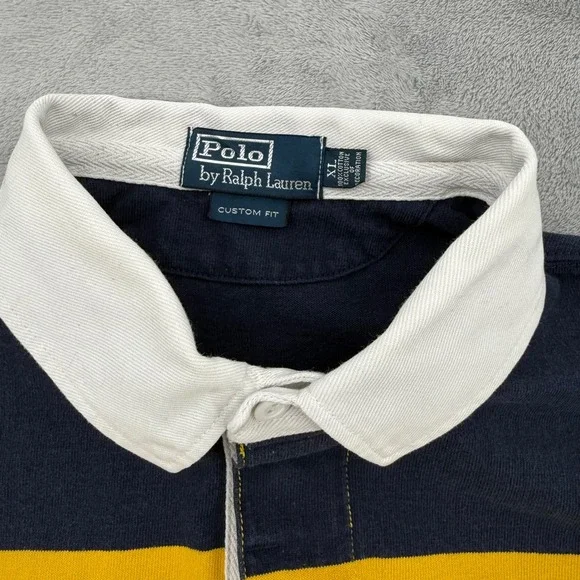 Vintage Polo Ralph Lauren Custom Fit Rugby Shirt Navy Yellow Striped Mens XL - Picture 3 of 15